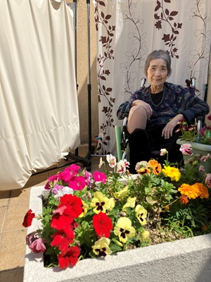 中庭に咲いているお花を眺めながら